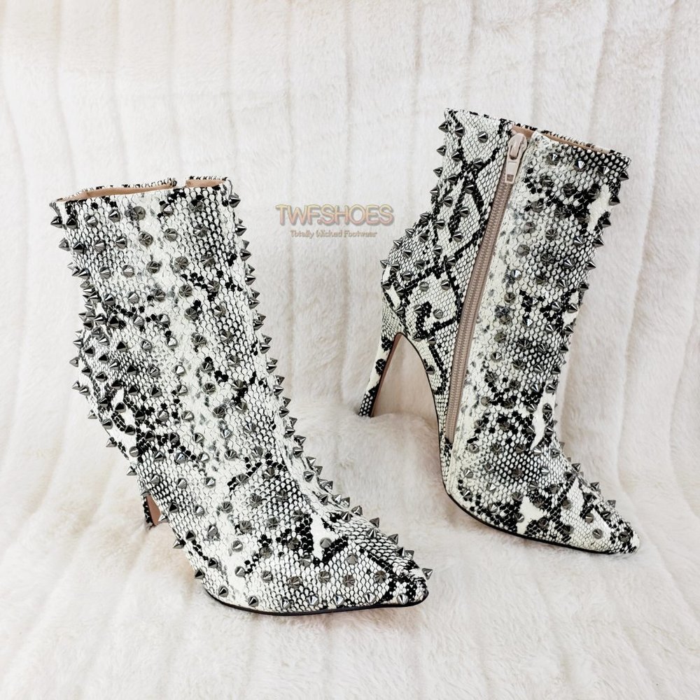 Passion Off White Black Snake Spiked 4.5" High Heel Ankle Boots - Picture 11 of 12